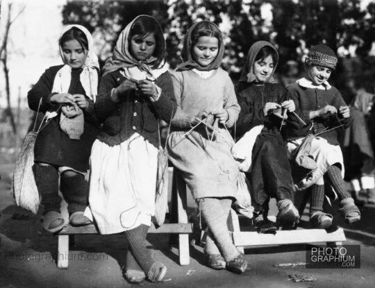 Five muslim girls knitting. Albania 8 Albanian Muslim girls